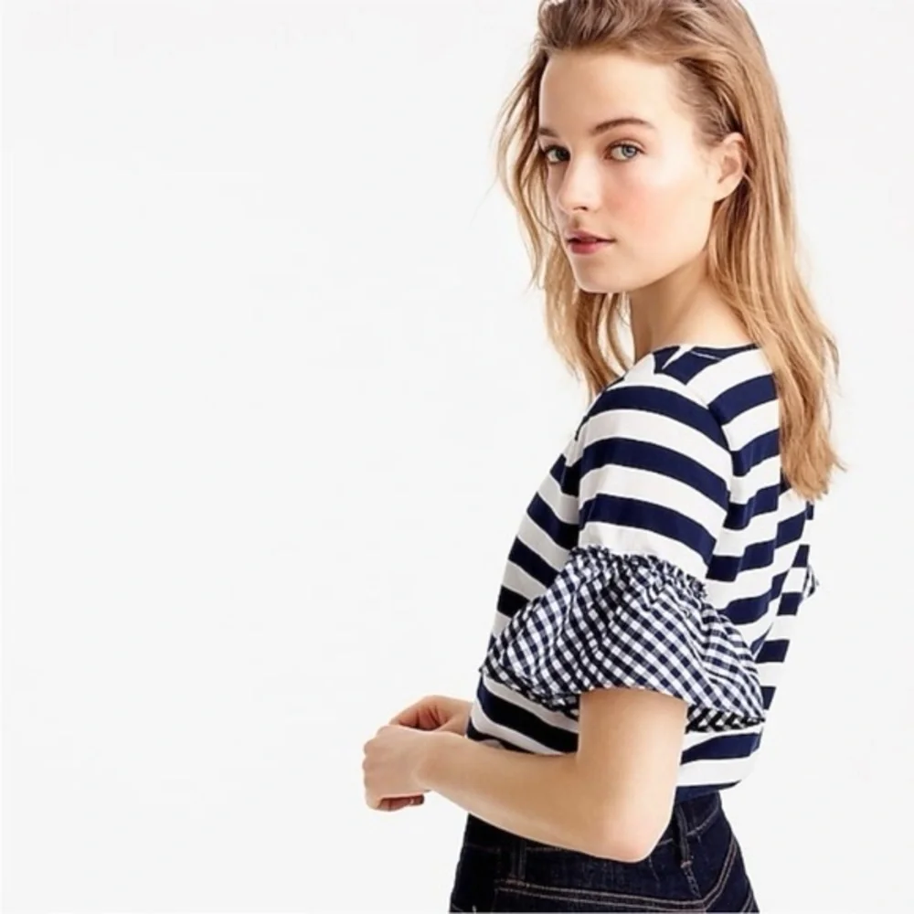J. CREW Navy and White Striped Short Sleeve Tee Gingham Sleeve Size Large GUC